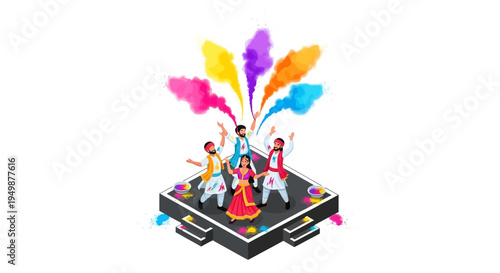 Vibrant illustration of joyful people celebrating Holi festival with colorful powder and dynamic movements on a modern platform.