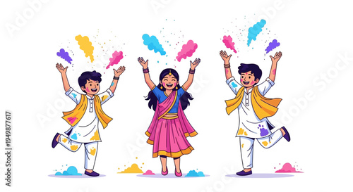Illustration of joyful children celebrating Holi festival with vibrant color powder in traditional Indian attire against a clean white background.