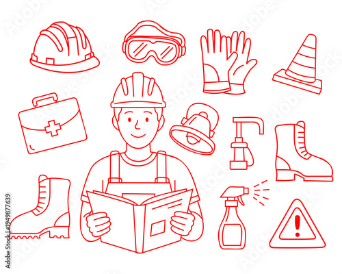  Hand drawn outline illustration set of a construction worker reading a safety manual with personal protective equipment (PPE) icons isolated on transparent background