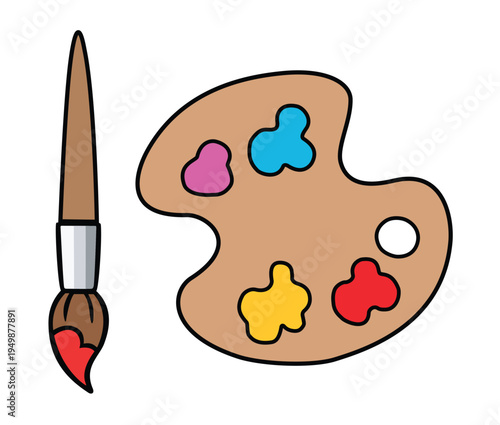 Artistic Wooden Paint Palette and Paintbrush with Colorful Splashes for Creative Studio Branding, Fine Art Supplies, Hobby Crafting, and Education