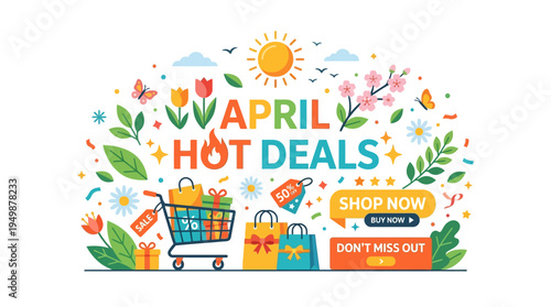 April Hot Deals Advertisement with Shopping Cart and Spring Elements