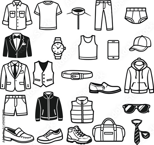 Men’s fashion clothing and accessories outline icon set including shirts shoes jackets bag watch sunglasses and smartphone isolated vector collection for wardrobe essentials
