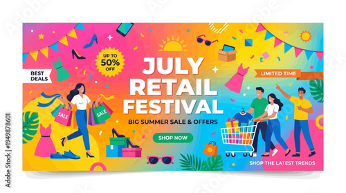 July Retail Festival Banner with Summer Sale Promotions