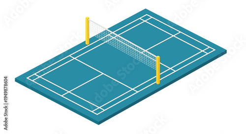 Isometric view of a blue badminton court with a white net