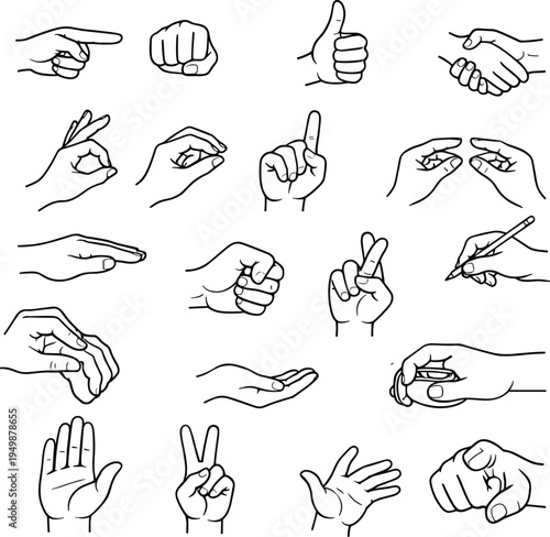 Set of human hand gestures line art vector collection including pointing, thumbs up, handshake, peace sign, writing hand and various finger gesture illustrations