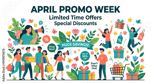 April Promo Week Announcement with People and Discounts
