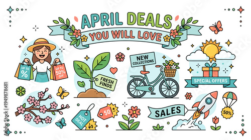 Colorful April Deals Banner with Shopping and Sales Elements