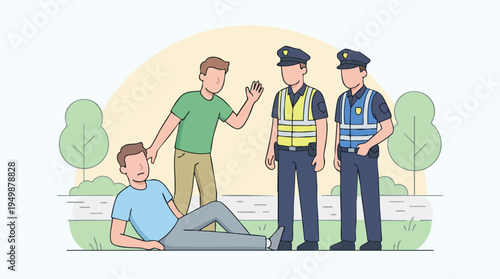 Man Resting and Talking to Police Officers Outdoors Scene Illustration