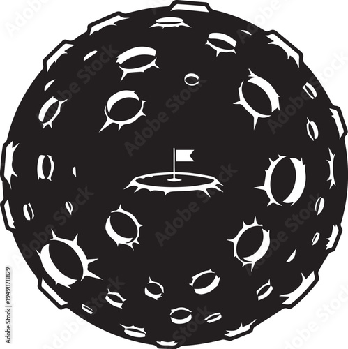 Abstract vector silhouette illustration of golf flag on planet with numerous impact craters