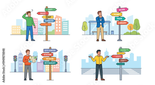 Lost in thought people contemplating directions with multiple signposts