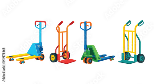 Colorful illustrations of four different pallet jacks displayed in a row