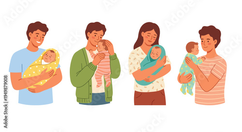 Diverse parents lovingly cradling and bonding with their newborn babies