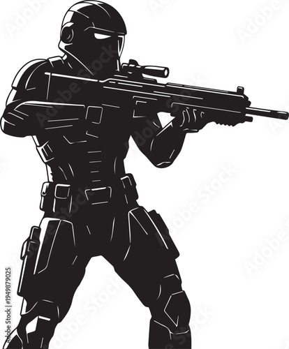 Futuristic soldier silhouette vector illustration aiming rifle with intricate line art armor