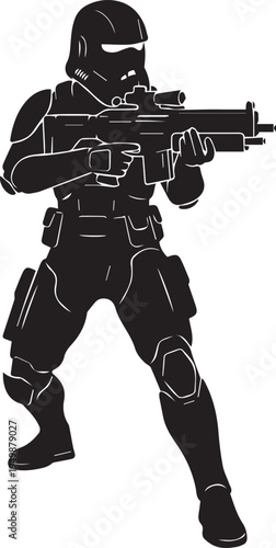 Futuristic soldier silhouette vector illustration holding rifle weapon military line art