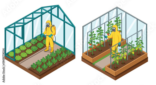 Workers in protective suits spray crops inside isometric greenhouses