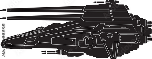 Interstellar combat spacecraft vector silhouette with heavy weapons and sleek fighter hull