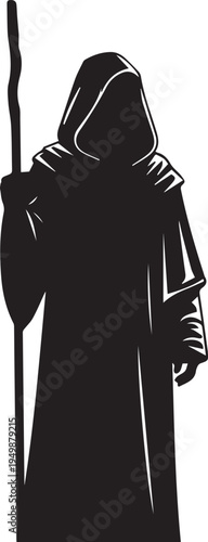 Mysterious wizard silhouette vector illustration holding staff with detailed line art robes