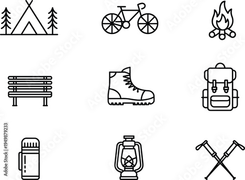 Black and white camping and hiking equipment set outdoor tent