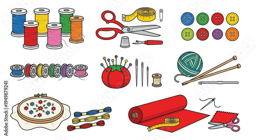 Colorful sewing and crafting supplies arranged on a white background