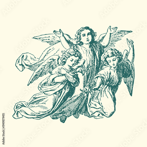 Vintage engraved vector graphic illustration featuring three cherubic angels with expressive flowing robes and delicate wings in adoration