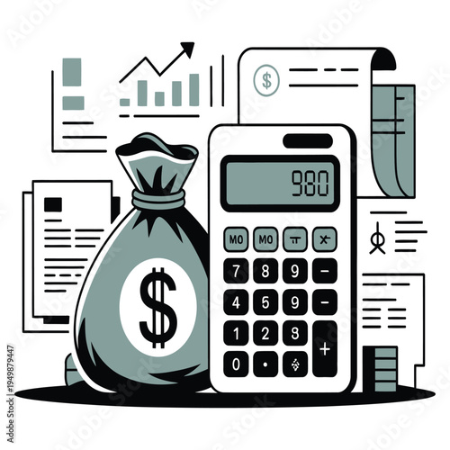 Financial accounting illustration with money bag calculator and documents showing budget management and profit analysis for business success and wealth building concepts on white