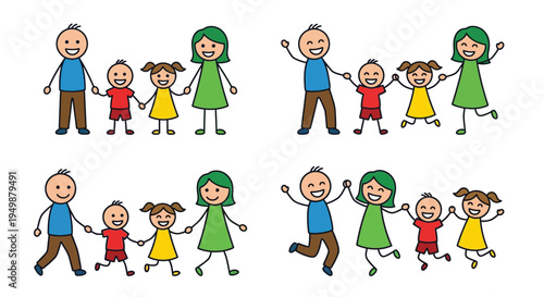Two families of stick figures happily holding hands and smiling together