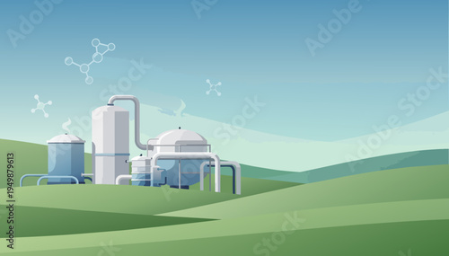 Vector illustration of green hydrogen facility in hills with copy space