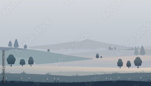 Vector foggy meadow and hills background with copy space