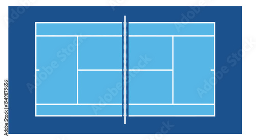 Aerial view of a blue tennis court with white lines and net