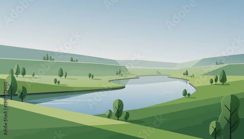 Vector river valley landscape background with large copy space