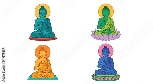 Four colorful depictions of buddha in meditative poses against white backgrounds