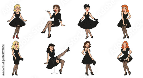 Eight cartoon women in vintage styles posing with playful expressions