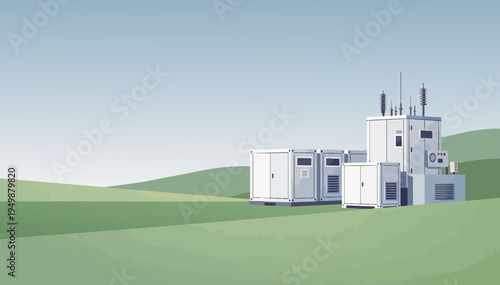 Vector illustration of energy storage facility in green landscape with copy space