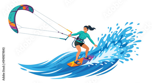 A kitesurfer rides ocean waves with a colorful kite overhead