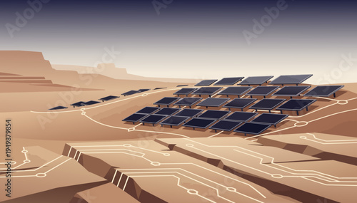 Vector landscape of solar desert grid with vast copy space