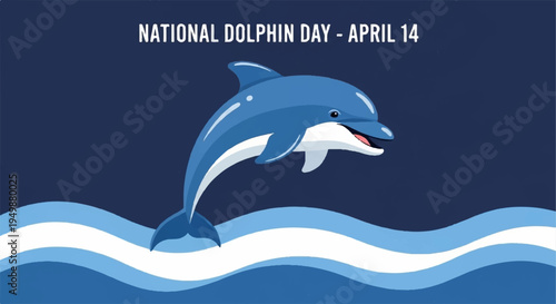 Dolphin jumping out of ocean waves on national dolphin day april 14th celebration background