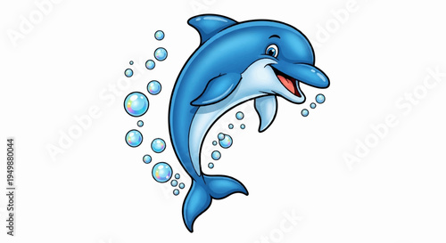 Smiling dolphin jumping out of water with bubbles playful marine mammal in ocean