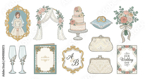 Elegant wedding illustrations featuring a bride cake and decorative elements
