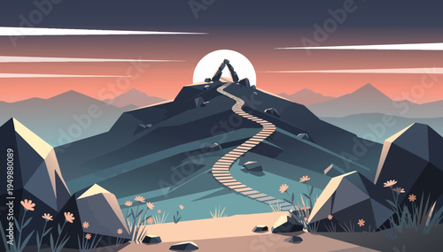 Alpine ridge trail with sunrise copy space sky