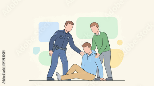 Police Officer Assisting Distressed Young Man During Emergency Situation Illustration