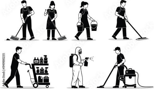 Cleaning service workers silhouettes set, janitors sweeping mopping carrying buckets disinfecting vacuuming, professional housekeeping staff vector illustration collection