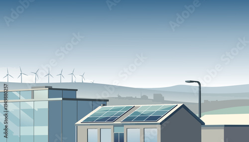 Vector illustration of suburban clean energy skyline with copy space