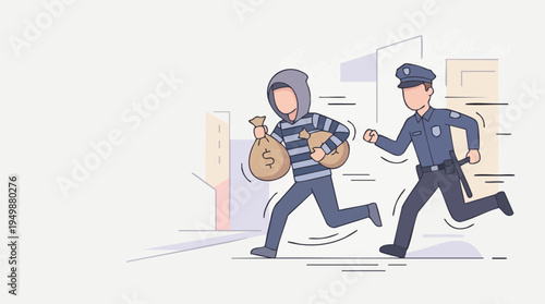 Police Officer Chasing a Thief with a Bag of Money in an Urban Environment Illustration