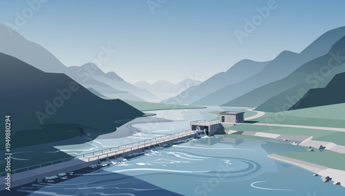 Vector illustration of run of river hydropower in mountain valley with copy space