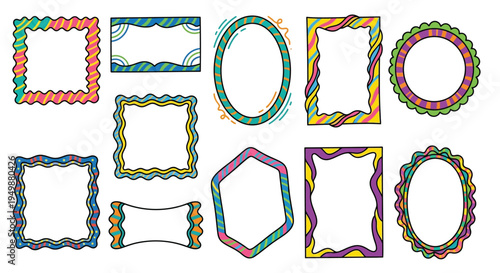 Colorful doodle frames and borders arranged in a grid pattern illustration