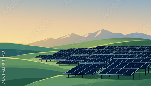 Vector illustration of solar farm in green valley with copy space