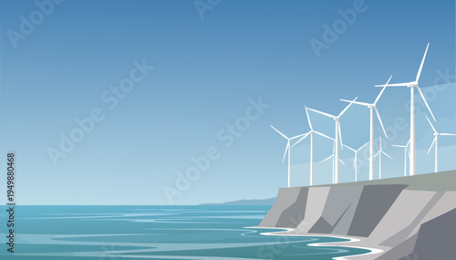 Vector illustration of coastal wind farm with large copy space