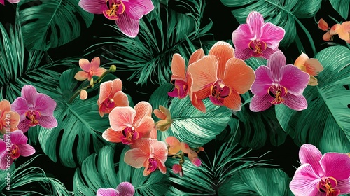 Vibrant tropical orchid and leaf seamless pattern