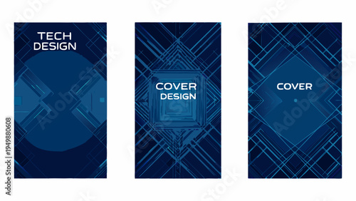 Abstract tech cover designs featuring geometric lines and a central circuit board