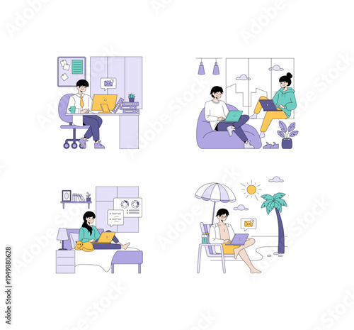 Remote Workspaces Vector Illustration with Laptops
